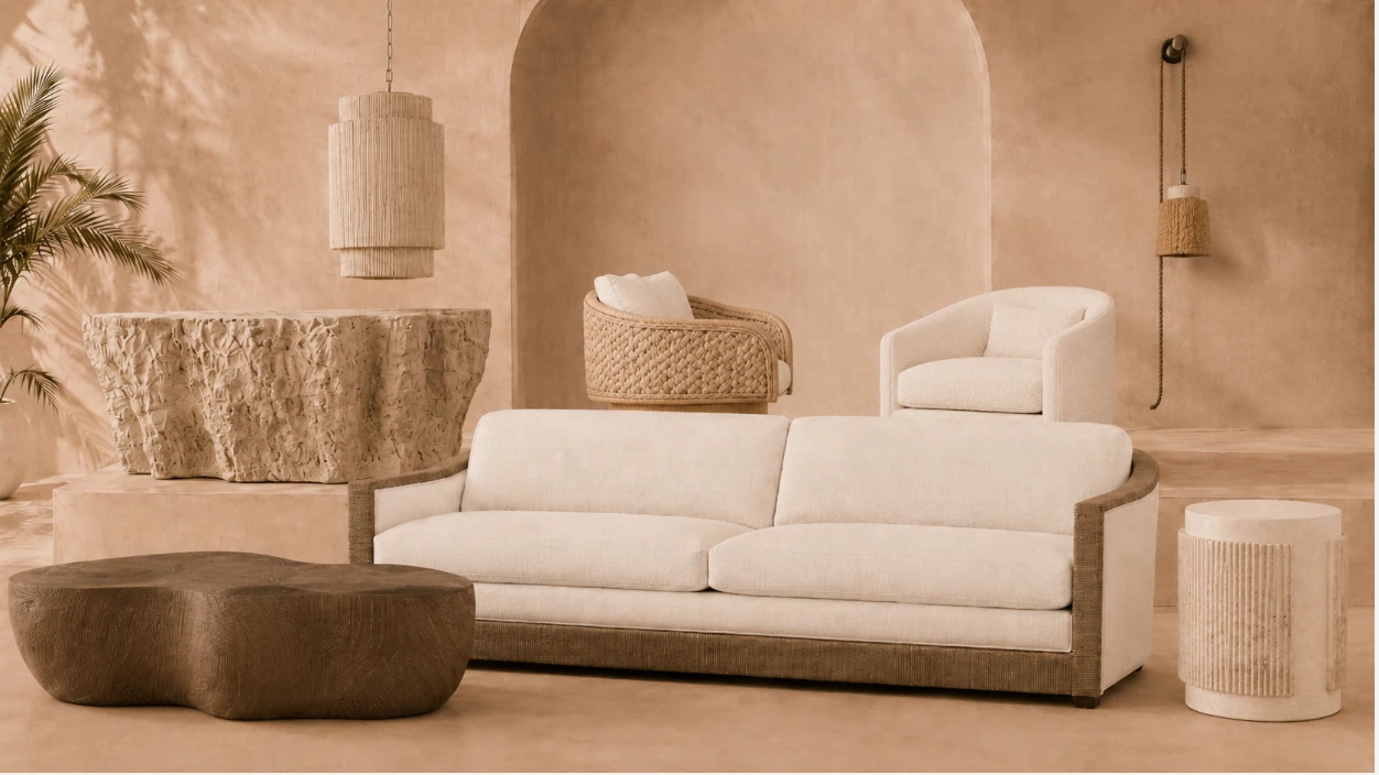 The Beach House at Decorex 2026: textured natural furniture, woven lighting and pale upholstery selected by Hill House Interiors