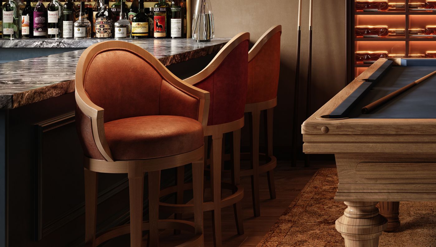 Jerry Pair Leather — leather-upholstered bar stools in a warm, low-lit room