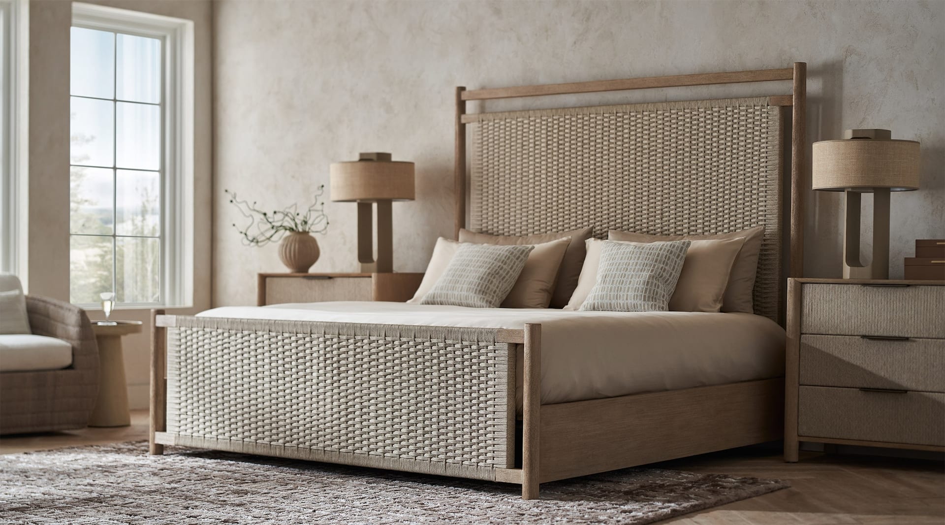 A bedroom held by a tall oak bed with rope-woven headboard and footboard, set against limewashed plaster and a soft hill view