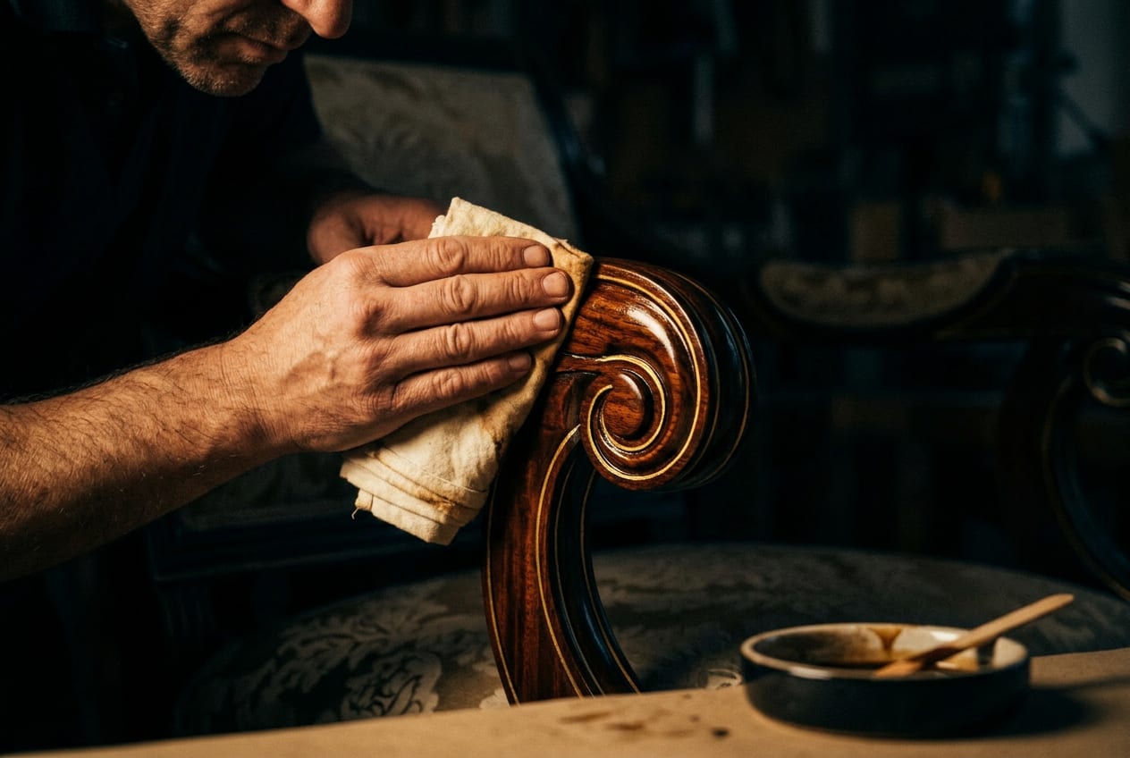 Craftsman hand-rubbing a deep mahogany finish onto a carved scroll arm