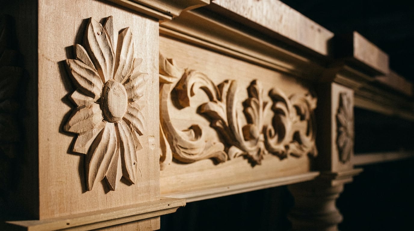 Hand-carved acanthus frieze in hardwood
