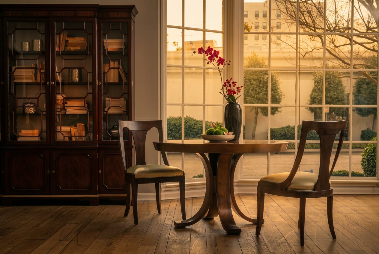 Kindel dining room — mahogany pedestal table and carved chairs in warm window light