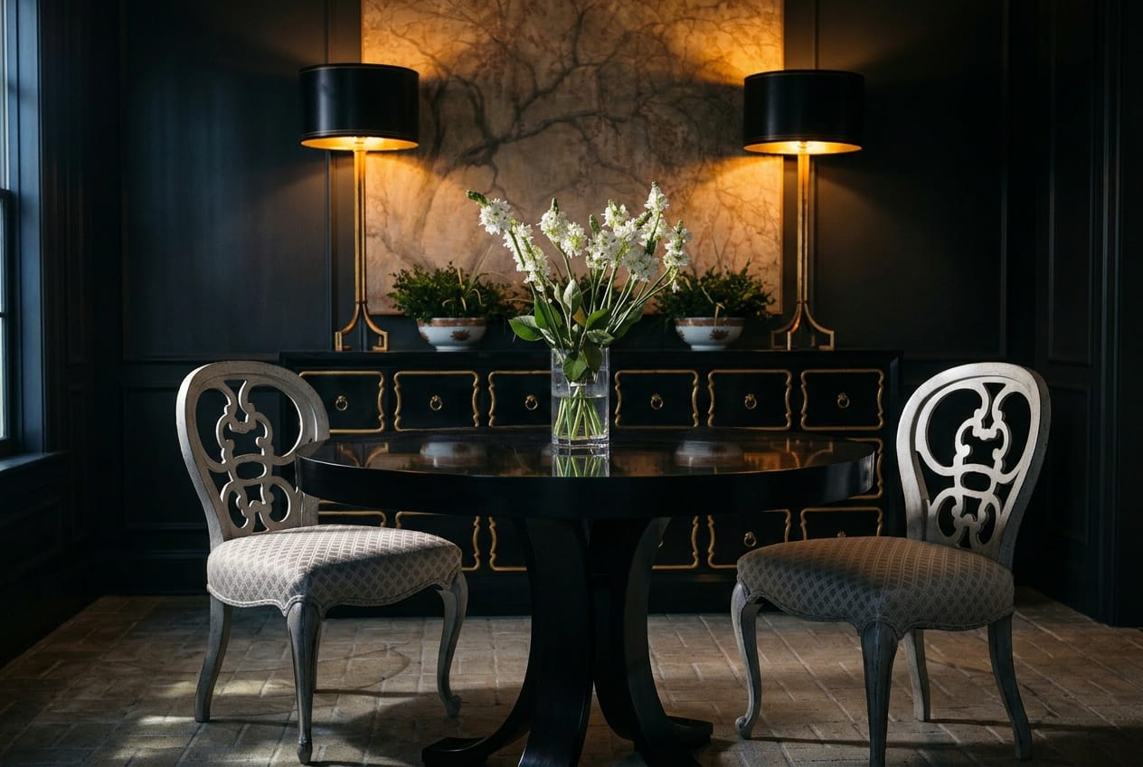 Dining room with ebonised pedestal table, silver-leaf carved chairs and a black-and-gilt credenza