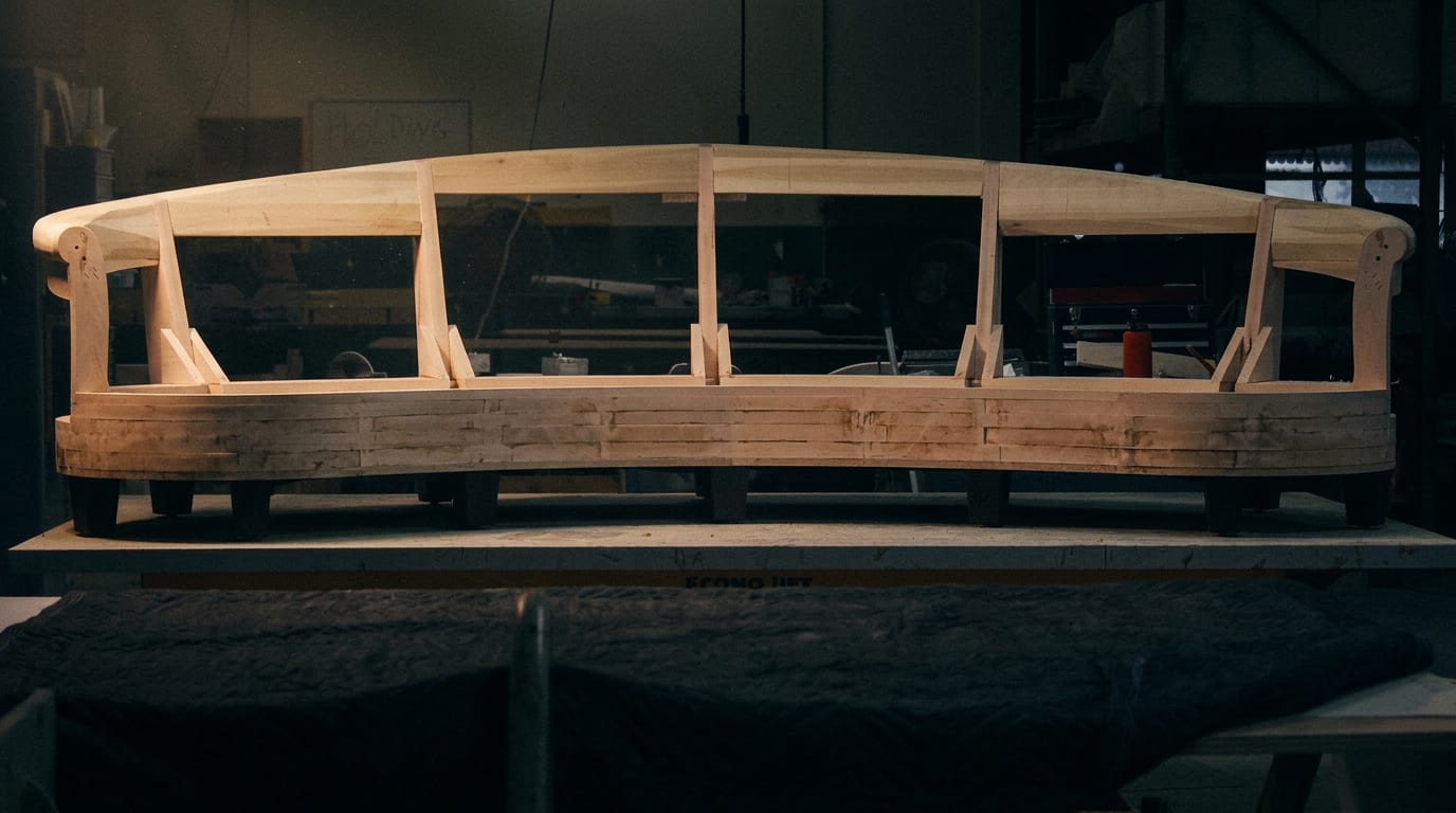 Bench-made hardwood sofa frame in the workshop