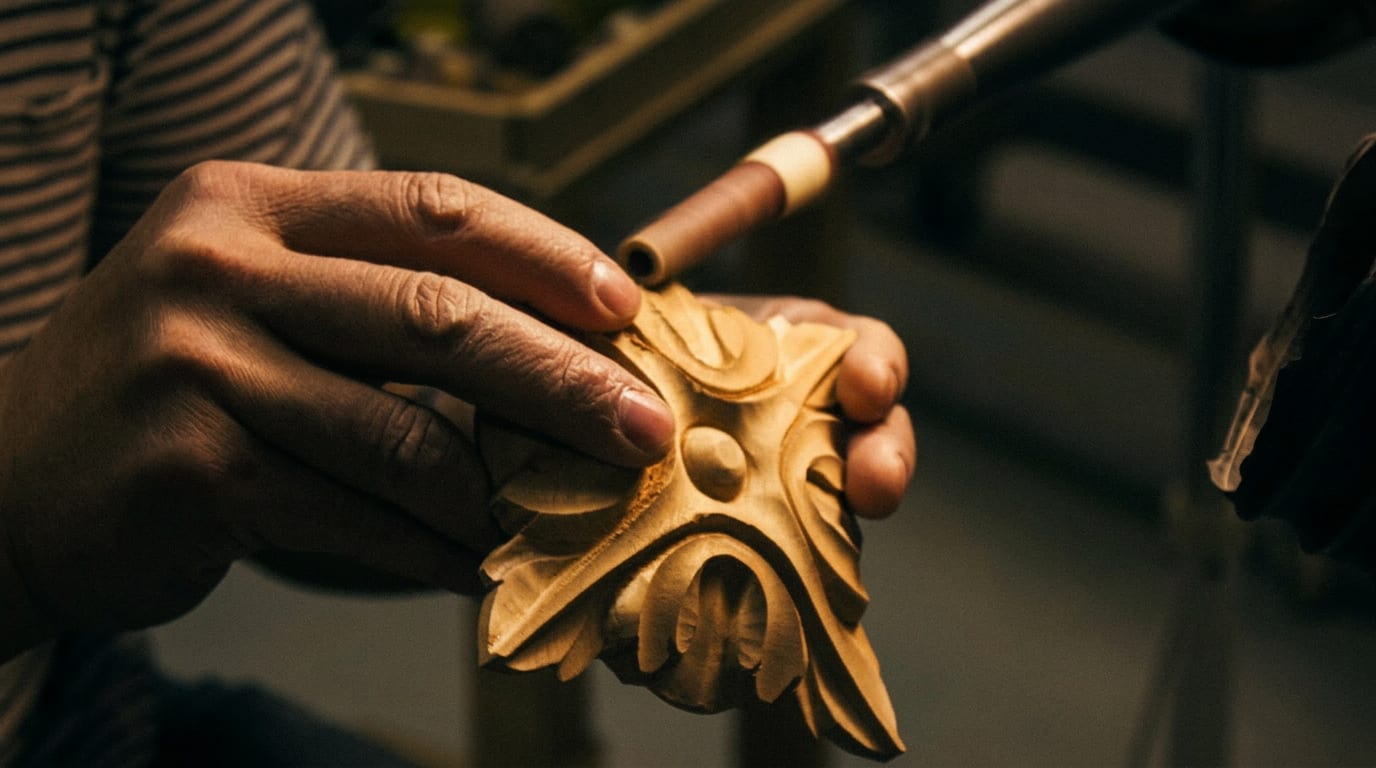 Craftsman carving a wooden rosette detail at the bench