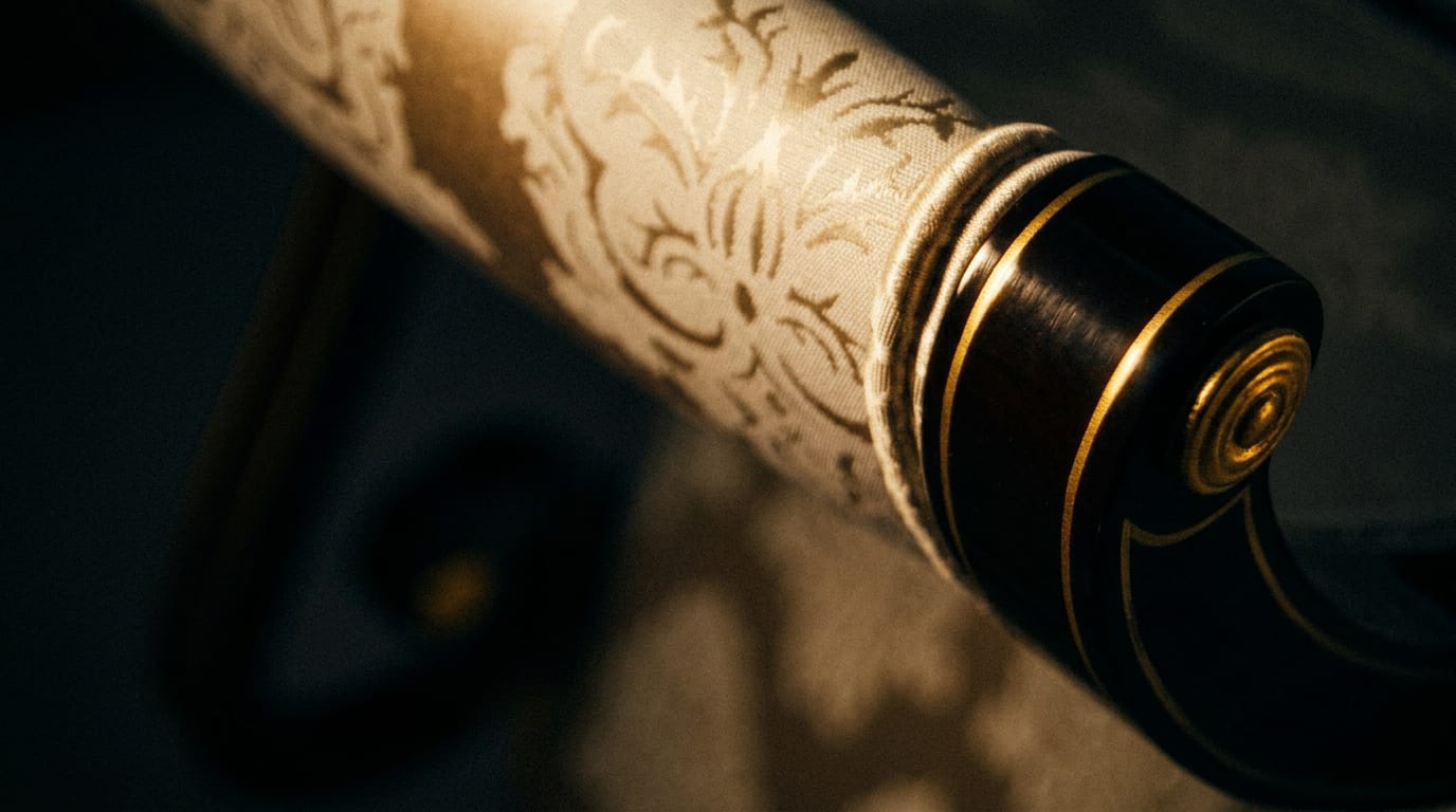 Recamier — damask silk, ebonised scroll arm, gilt banding and brass rosette