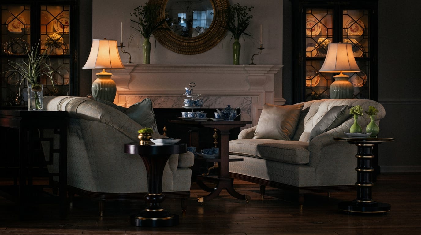 Regency parlour with damask sofas, marble fireplace and dark cabinetry