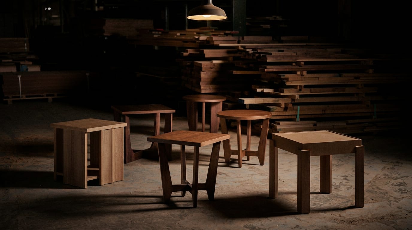 Pair of Kindel hardwood side tables in the workshop