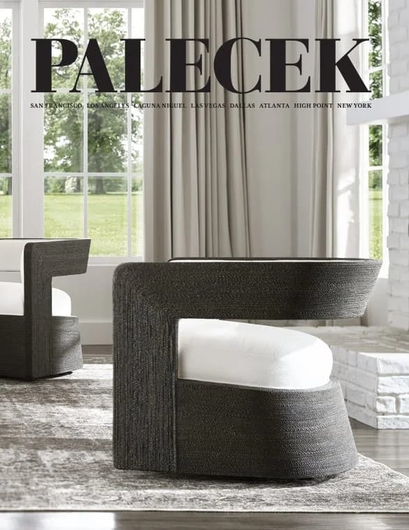 Modern living room with textured chairs and large windows — PALECEK 2025 Catalogue