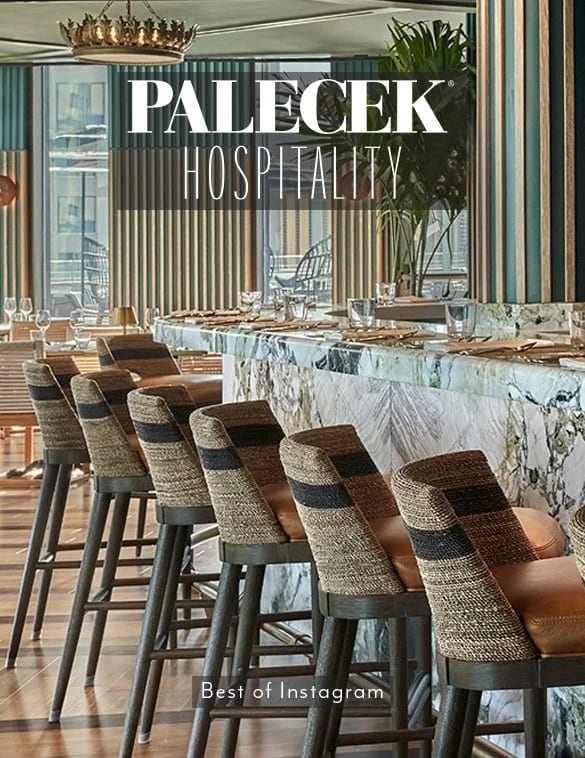 Modern bar area with patterned stools and marble countertop — PALECEK Best of Instagram Hospitality