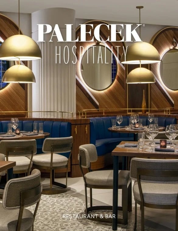 Upscale restaurant interior with blue seating — PALECEK Hospitality Bar & Restaurant