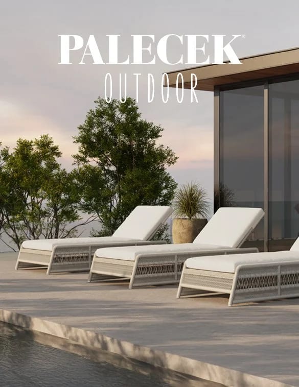 Modern outdoor patio with white lounge chairs — PALECEK Outdoor 2025