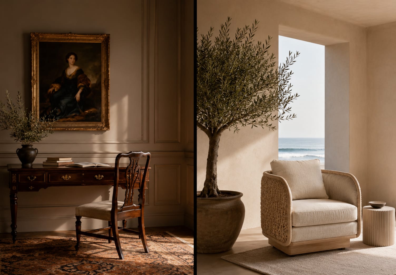 A heritage drawing room flowing into the soft light of a coastal living space